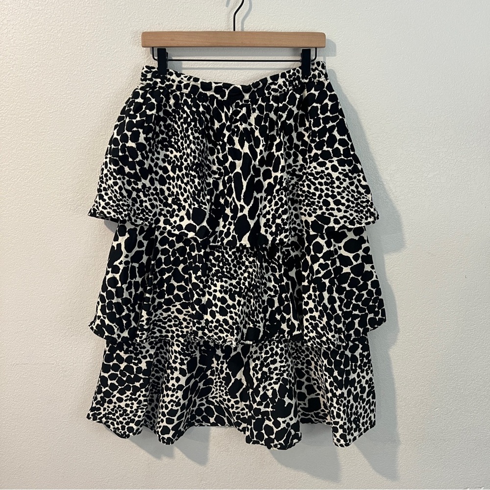 Who What Wear Black & White Animal Print Tiered Ruffle High‎ Rise Midi Skirt 6